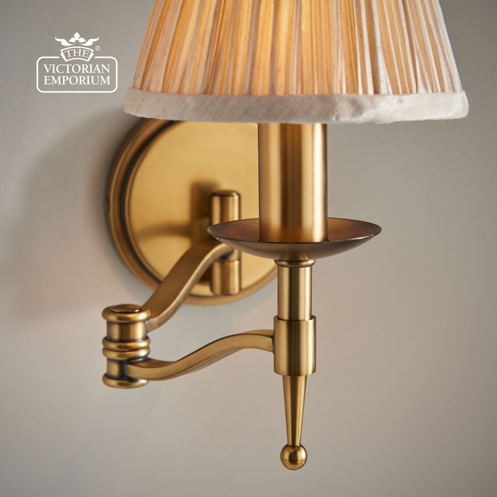 Stanford antique brass Swing arm wall light with beige shade
