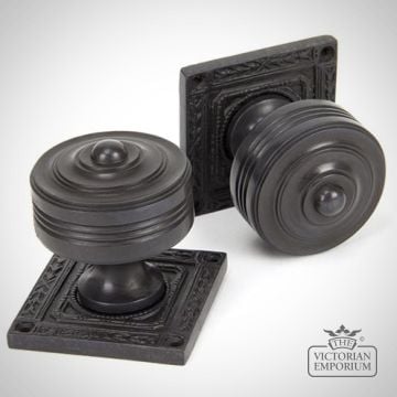 Square Highly Decorative Mortice Knob Set in Aged Bronze