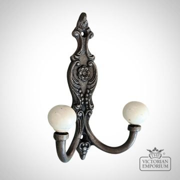 148047   49366taic130 Hat   Coat Hook French Style White Ball Antique Iron 150mm