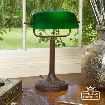 Classic Bankers Desk Lamp With Antique Bronze Stand And Opal Shade